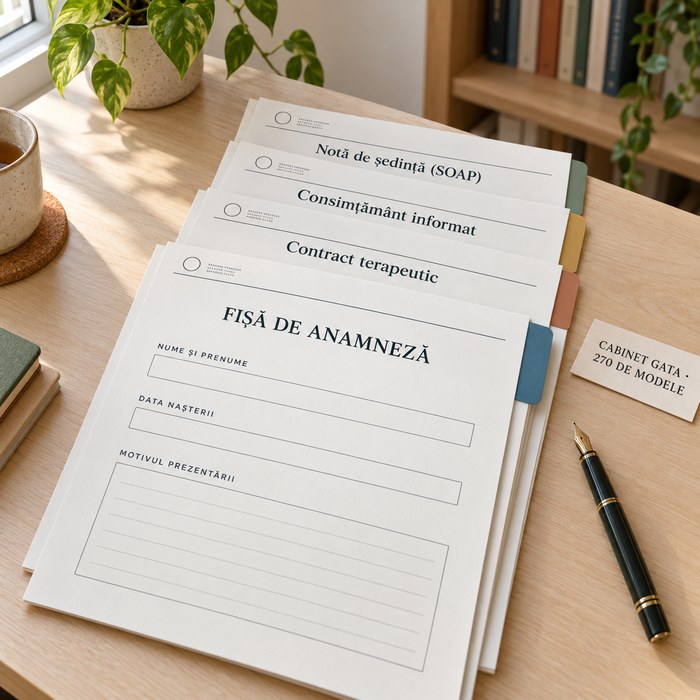 Stivă de documente tipărite cu același antet: fișă de anamneză, contract terapeutic, consimțământ informat, notă de ședință
