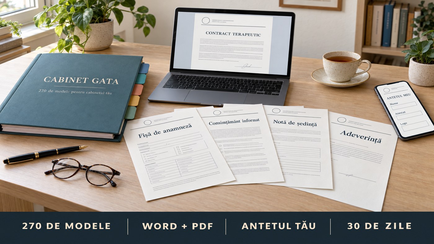 Cabinet Gata pe birou: laptopul cu un contract terapeutic, paginile tipărite cu același antet, dosarul și formularul Antetul meu pe telefon