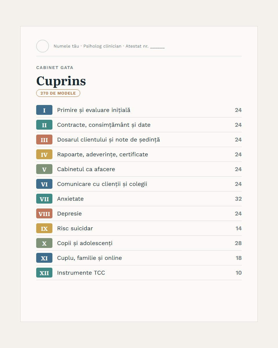 Cuprinsul: cele 12 categorii